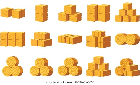 Hay bale stacks and farm straw rolls. Agricultural harvest icons for autumn season design.