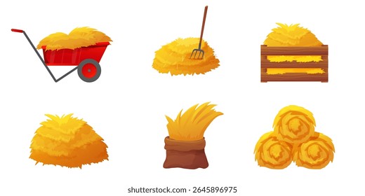 Hay bale and straw bundle collection. Rural farming elements like hayricks, corn crops, rake, and wheelbarrow. Flat vector set for agriculture, pasture, or ranch use. Isolated on white.