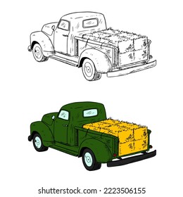 Hay bale truck. Color and black and white. Vector cartoon illustration. Isolated on white. Hand-drawn style.