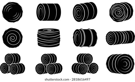 Hay bale vector icons. Set of agricultural straw rolls for farm and harvest design.