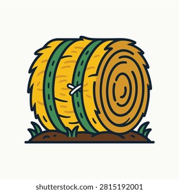 Hay bale vector illustration featuring a round straw roll tied with green straps on a patch of ground.