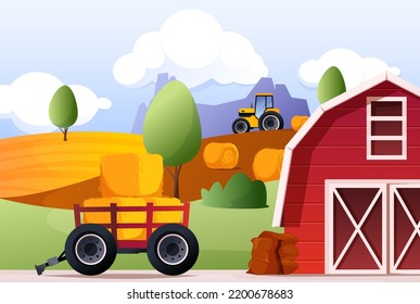 Hay bales cartoon landscape. Rural scene with flat haystack, horizontal countryside scenery farm field. Vector panoramic illustration. Farm barn, tractor working on field, rolled straw