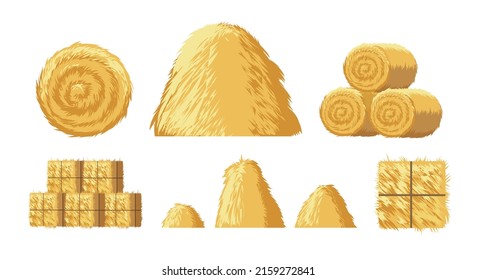 Hay bales. Cartoon vector wheat straw bale roll stack heap sheaf bundle bunch isolated, agricultural farm straws balos, dry hays baling pile haystack elements