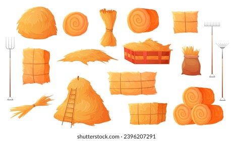 Hay bales and haystacks set vector illustration. Cartoon isolated wheat straw and dried grass pile from farm field, gold silo rolls and square wooden crate, ladder to the hayloft and pitchforks