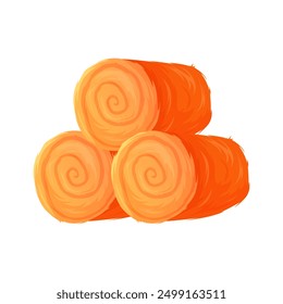 Hay bales in pile, three round rolls with wheat, dry grass heap vector illustration