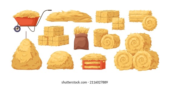 Hay bales, piles, heaps and stacks set. Straw in rolls, squares, sack, wheelbarrow and crate. Dry grass, farm fodder bundles. Flat vector illustrations of haystacks isolated on white background - Shutterstock ID 2116027889