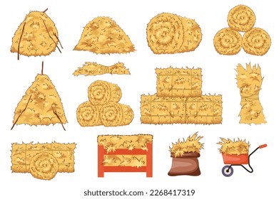 Hay bales set graphic elements in flat design. Bundle of bales of wheat straw of different shapes, roll piles, dried haystacks, store in bag, wheelbarrow or crate. Vector illustration isolated objects