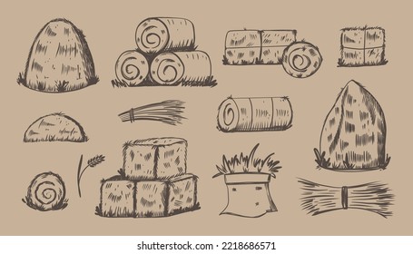 Hay bales sketch style. Handgezeichnete Pfähle, Haufen und Stapel, Strohhalme in Rollen und Quadraten, trockenes Gras, Futter. Dorfelemente und Landschaftselemente. Hystack-Vektorgrafik einzeln