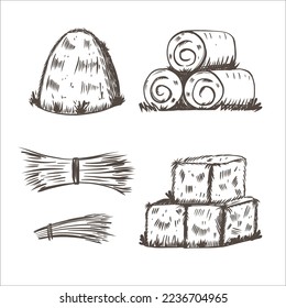 Hay bales sketch style. Handgezeichnete Pfähle, Haufen und Stapel, Strohhalme in Rollen und Quadraten, trockenes Gras, Futter. Dorfelemente und Landschaftselemente. Hystack-Vektorgrafik einzeln