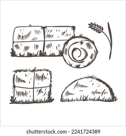 Hay bales sketch style. Handgezeichnete Pfähle, Haufen und Stapel, Strohhalme in Rollen und Quadraten, trockenes Gras, Futter. Dorfelemente und Landschaftselemente. Hystack-Vektorgrafik einzeln