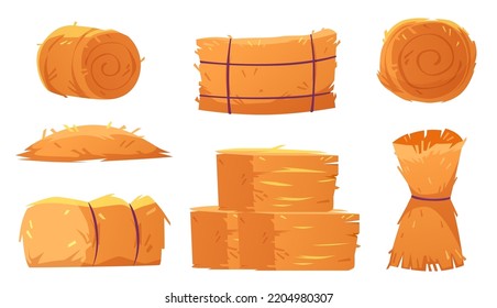 Hay bales, stacks, rolls and piles. Haystacks, dry grass bundles, wheat or rye fodder thatch from farm fields, meadows and pastures isolated on white background, vector cartoon set