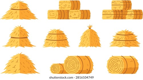 Hay Bales and Straw Piles in Flat Vector Illustration Style with Farm and Agriculture Themes