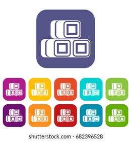 Hay bundles icons set vector illustration in flat style in colors red, blue, green, and other