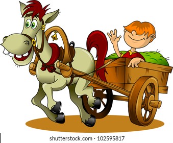 Hay cart with cartoon farmer - vector illustration