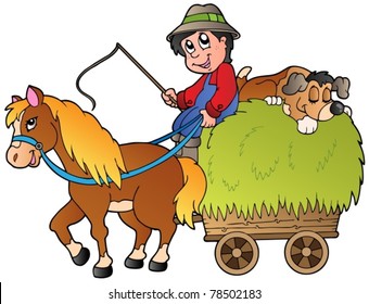 Hay cart with cartoon farmer - vector illustration.