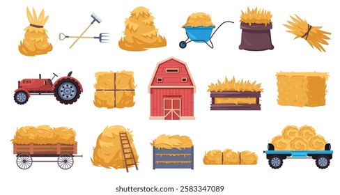 Hay harvest set. Farm dry grass straw pile, rural fodder bale wheelbarrow barn, flat countryside agriculture hay elements. Vector isolated haystack collection.