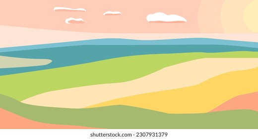 Hay harvest. Tractor collects hay in haystacks. Flat vector illustration of countryside. Pink rustic background at sunset. Windmill on the field.
