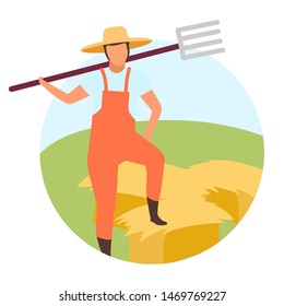 Hay harvesting flat concept icon. Farm worker, farmer with pitchfork character. Haybales, hay stacking. Traditional farming sticker, clipart. Isolated cartoon illustration on white background