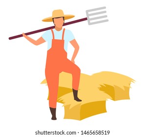 Hay harvesting flat vector illustration. Farm worker with pitchfork cartoon character isolated on white background. Farmer in overalls working with haybales. Autumn harvest, hay stacking and storing