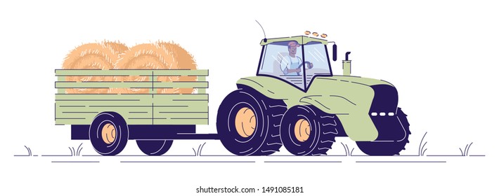 Hay harvesting flat vector illustration. Tractor with cart transporting haystacks. Outline agricultural machinery with hay bales. Cartoon tractor driver character isolated on white background