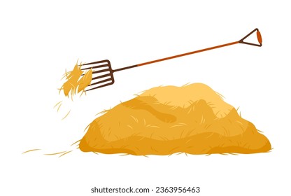 Hay heap and pitchfork for agricultural work vector illustration. Cartoon isolated vintage farm rake and yellow straw pile, dry summer grass of stable forage and fodder for animals on rural ranch