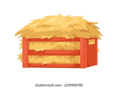 Hay heap in wood crate. Gold straw pile in box. Golden yellow wheat, autumn dry grass bale, forage, fodder in storage container. Flat vector illustration isolated on white background