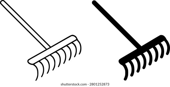 Hay rake minimalist icon, black and white in outline and silhouette design