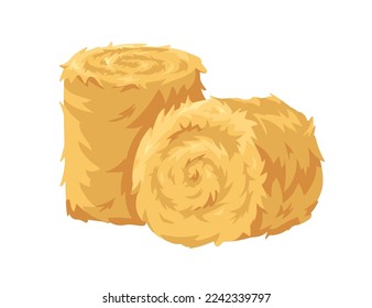 Hay rolls, bales of round shape. Gold straw, dry golden grass stacks, heaps. Agriculture fodder, circle haystacks of yellow colza, farm forage. Flat vector illustration isolated on white background