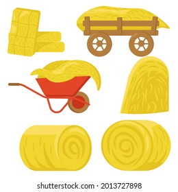 Hay in rolls, haystacks on various wheelbarrows and carts vector illustration