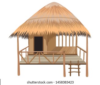 hay roof straw hut, balcony and stairs vector design