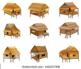 hay roof straw hut,balcony and stairs vector design