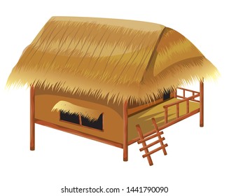 hay roof straw hut,terrace and stairs vector design