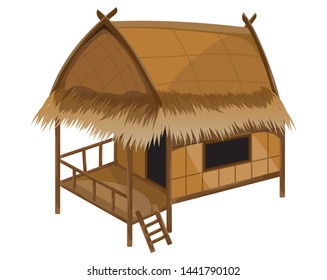 hay roof straw hut,terrace and stairs vector design