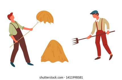 Pila de heno y hombres con tenedores agricultores trabajadores de campo vectores en los overoles y recolectores de rancheros de equipos con herramientas para recolectar cultivos secos personajes aislados del campo y la agricultura