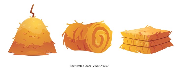 Hay stack and roll for farm design. Cartoon vector illustration set of bale straw pile for fodder and forage, countryside animals care or autumn harvest concept. Yellow agricultural rural haystack.