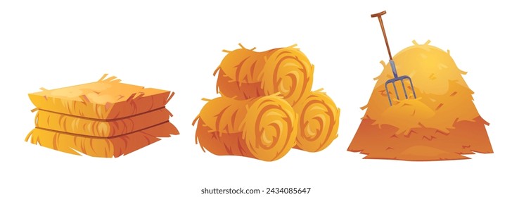 Hay stack and roll for farm design. Cartoon vector illustration set of bale straw pile for fodder and forage, countryside animals care or autumn harvest concept. Yellow agricultural rural haystack.