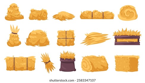 Hay stacks. Cartoon rural dry straw piles, countryside farm dried fodder bundles, agriculture organic haystack feed flat style. Vector isolated hay set.