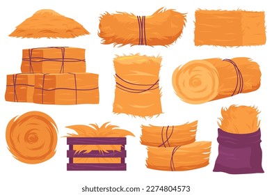 Hay stacks icon set concept in the flat cartoon design. Image of stack of hay, which are stored in different ways. Vector illustration.