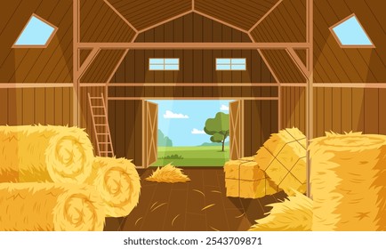 Hay storage barn interior. Wooden room with yellow straw rolls, blocks, dry grass for livestock feed, wheat stalks, countryside background cartoon flat isolated illustration, nowaday vector concept