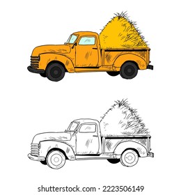 Hay truck. Color and black and white. Vector cartoon illustration. Isolated on white. Hand-drawn style.