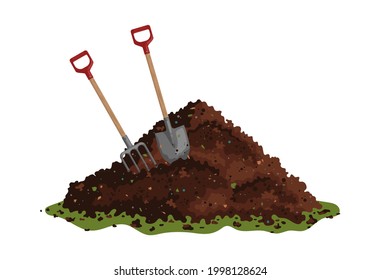 Hayfork and shovel in a pile of ground. One big brown heap of organic compost in side view isolated illustration