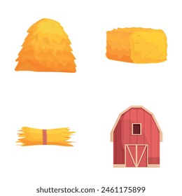 Hayloft icons set cartoon vector. Bale and stack of dry hay and storage. Agriculture harvest, farm work stock