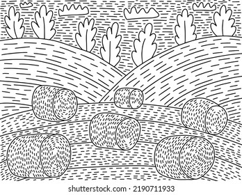 Ilustración vectorial de la página de coloreado de campo de Haymaking. libro de coloreado de paisaje de heno dibujado por mano