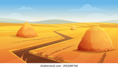 Haystack background. Rural village landscape farm wheat field with round and square stack on horizon exact vector illustration