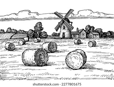 Haystack field and old mill. Agricultural landscape. Vintage style ink drawings.