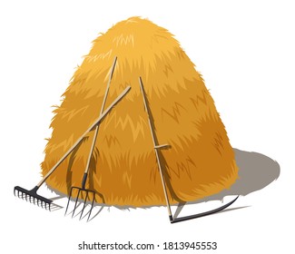 Haystack with forks, rake and scythe