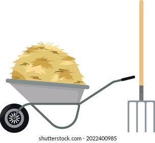 Haystack, gray wheelbarrow, pitchfork. Tool for harvesting.