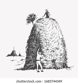 Haystack, hay, grass, illustration in vintage style.