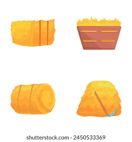 Haystack icons set cartoon vector. Bale and stack of dry hay. Agriculture harvest, farm work stock