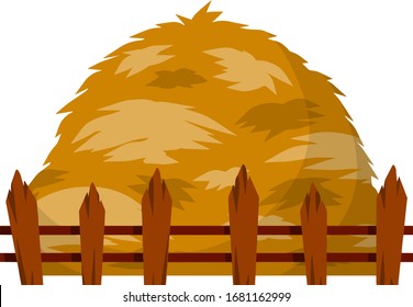 Haystack. Large sheaf of dry wheat and straw. Rustic wooden fence, countryside. Rural harvest. Cartoon flat illustration. Element village